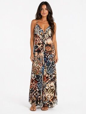 Lani Boho Plunging Maxi Dress Crochet Back Earthy Festival Hippie Chic Size M